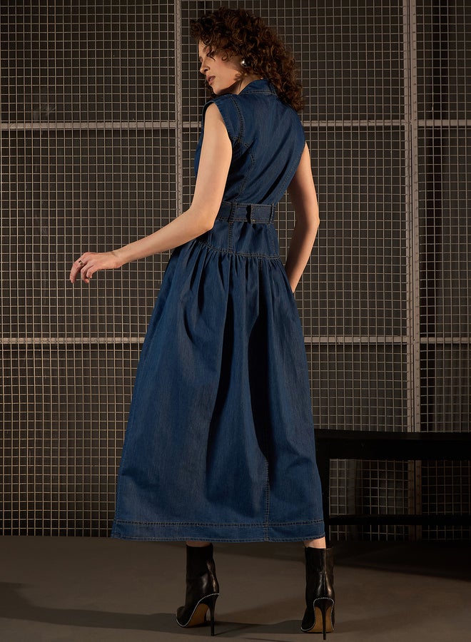 ستايل ستون فستان ماكسي بدون أكمام من قماش الدينيم مع حزام - Image 4