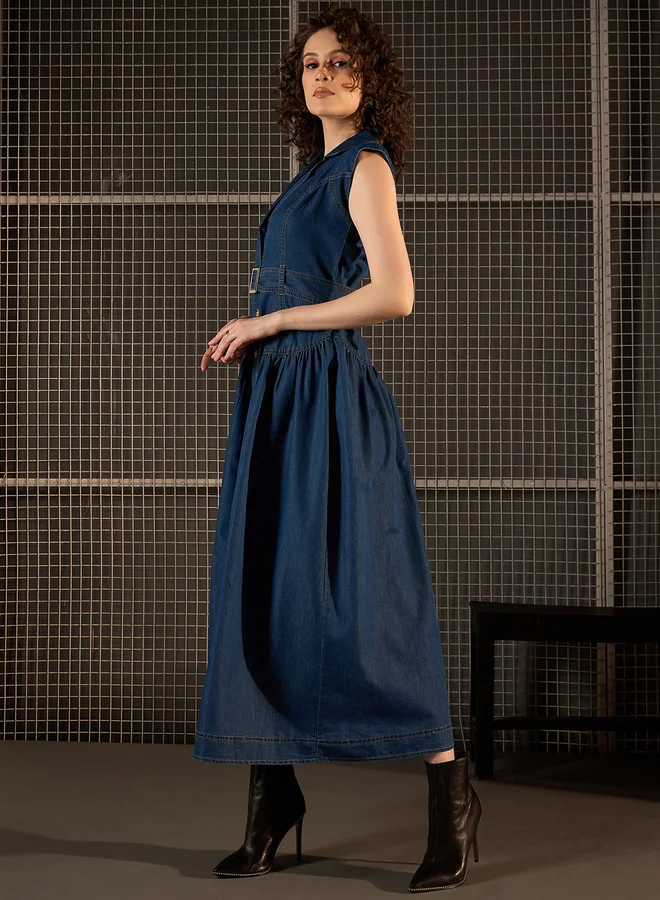 StyleStone  StyleStone Denim Sleeveless Buttoned Maxi Dress with Belt for Women | Best Price UAE