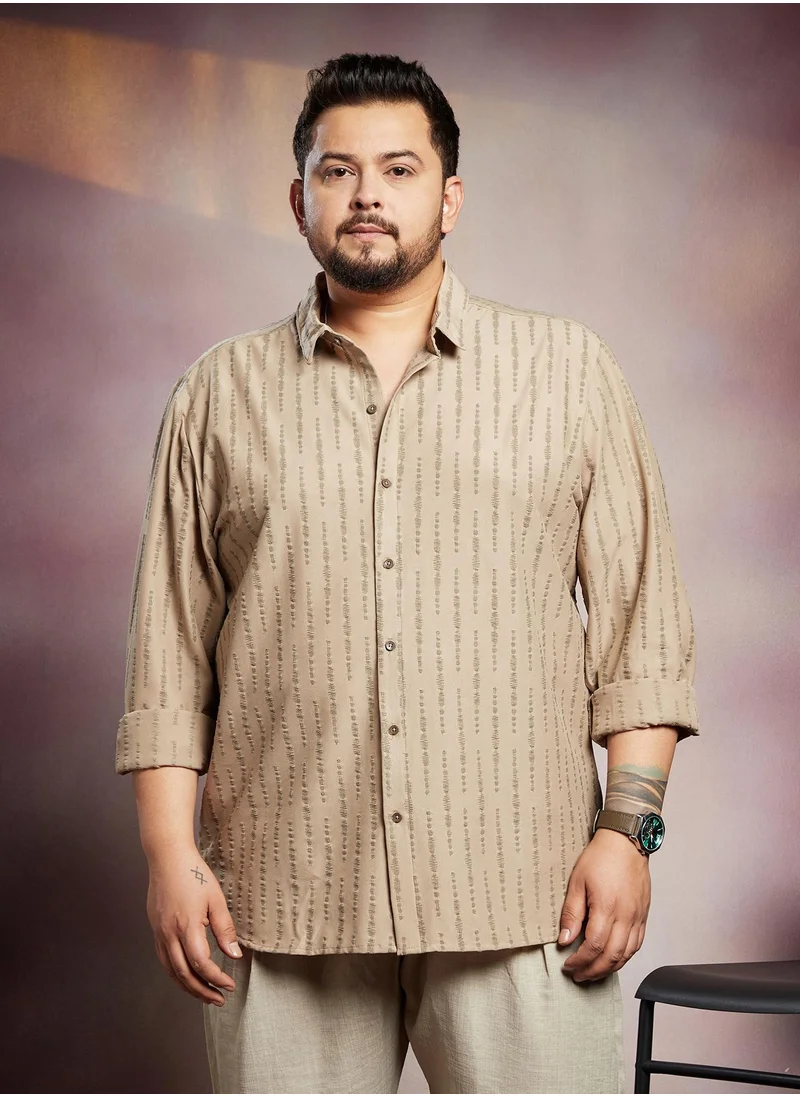 انستافاب بلس Instafab Plus Men's Sand Beige Tassel-Weave Shirt For Casual Wear | Spread Collar | Long Cuffed Sleeves | Button Closure | Plus Size Shirt Crafted With Comfort Fit For Everyday Wear