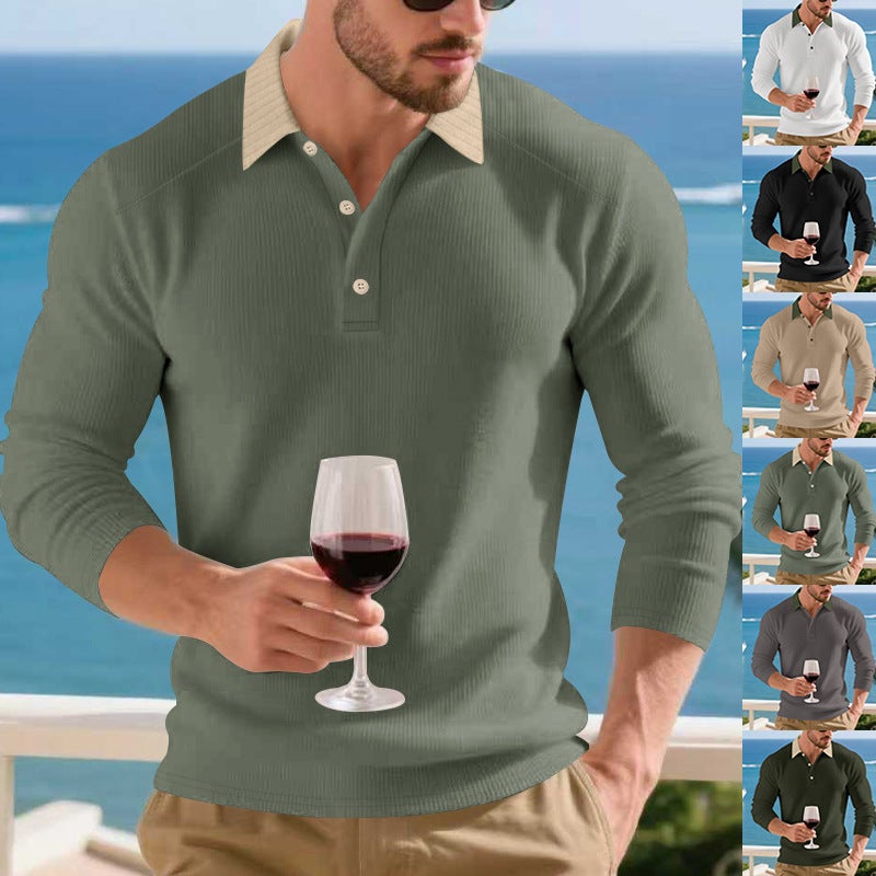Cross-Border Autumn and Winter Style Long-Sleeve Polo Shirt Heavy Ribbed Loose Casual Turn-Down Collar Knit Base Shirt - Image 2