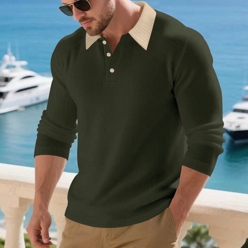 Cross-Border Autumn and Winter Style Long-Sleeve Polo Shirt Heavy Ribbed Loose Casual Turn-Down Collar Knit Base Shirt - Image 1