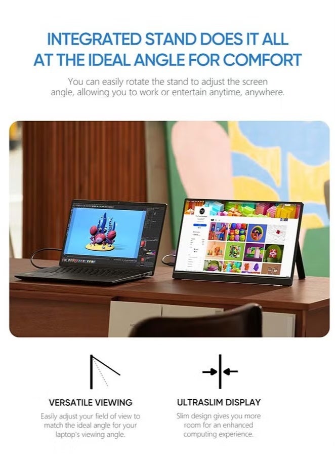 16.1" Portable Monitor, 100% sRGB FHD 1080P Kickstand Portable Laptop Monitor High Color Gamut Display IPS Eye Care Screen for High-end Office & Entertainment  - Image 4