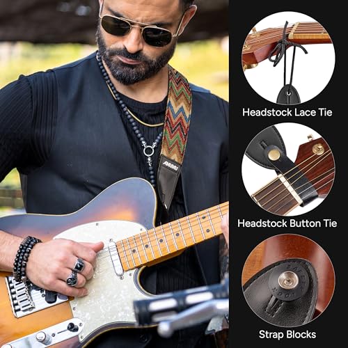 Amumu Chevron MultiColor Guitar Strap for Acoustic, Electric and Bass guitar - Includes Strap Blocks and Headstock Tie, Adjustable 37'' to 63" - Image 3