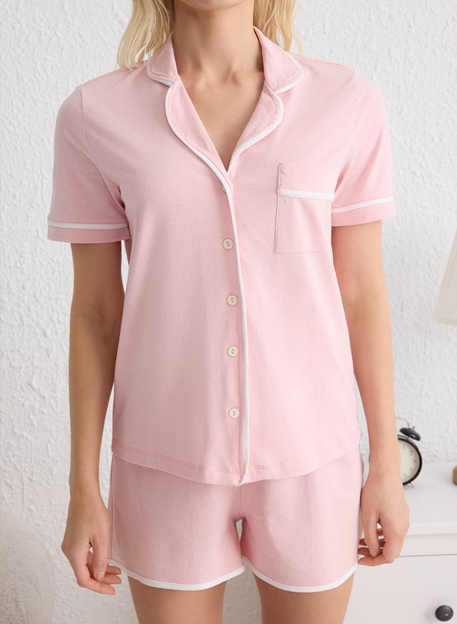 trendyol Light Pink 100% Cotton Piping Detail Knitted Pajama Set with Shorts  - Image 4