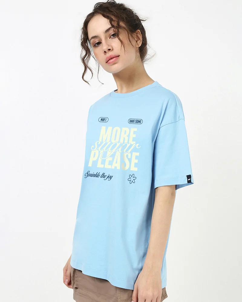 bewakoof Women's Sky Blue Sugar Please Typography Oversized T-shirt