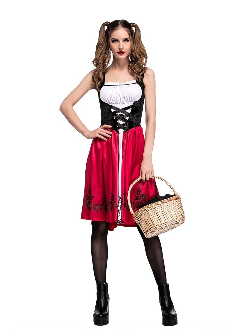Classic Little Red Riding Hood Costume for Women - 4-Piece Fairy Tale Cosplay Set with Hooded Cape, White Top, Black Lace-Up Corset & Red Skirt, Halloween Party Role Play Outfit - Image 3