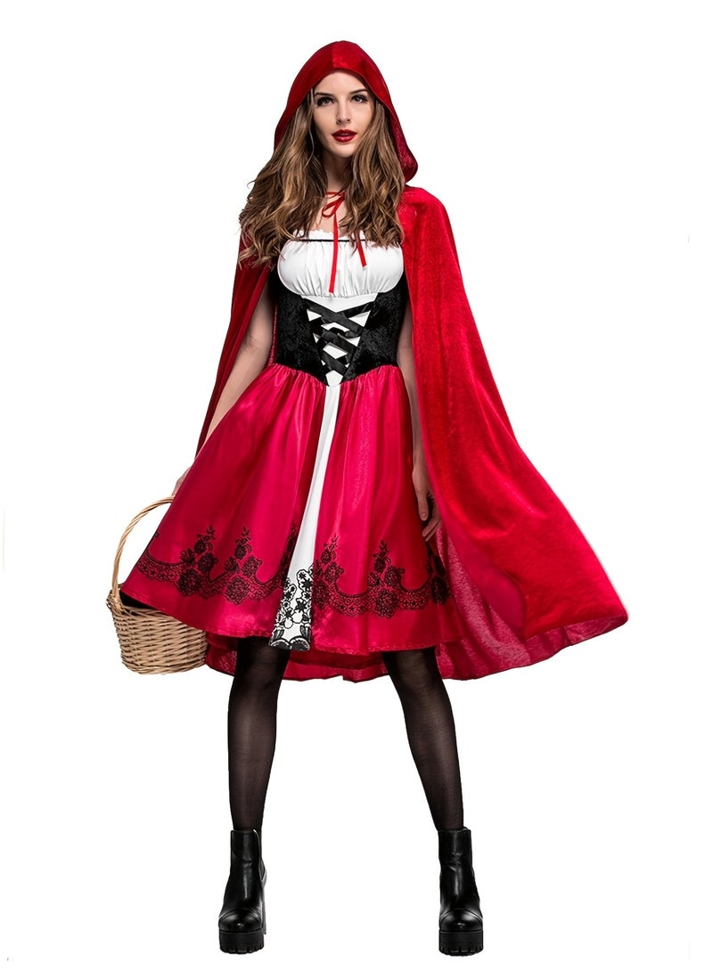 Classic Little Red Riding Hood Costume for Women - 4-Piece Fairy Tale Cosplay Set with Hooded Cape, White Top, Black Lace-Up Corset & Red Skirt, Halloween Party Role Play Outfit - Image 1