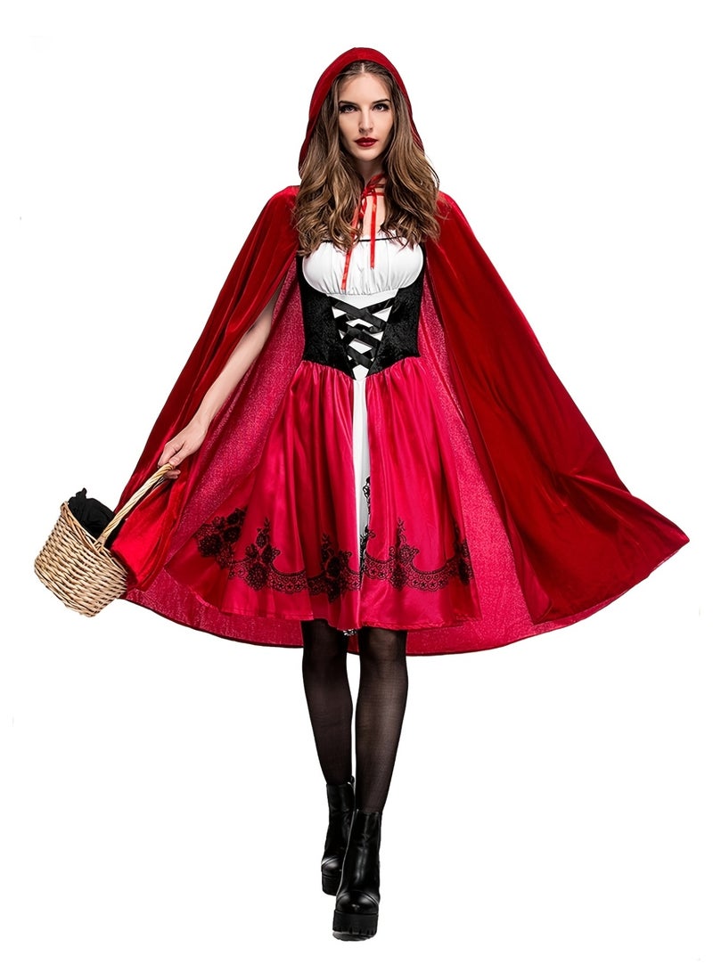 Classic Little Red Riding Hood Costume for Women - 4-Piece Fairy Tale Cosplay Set with Hooded Cape, White Top, Black Lace-Up Corset & Red Skirt, Halloween Party Role Play Outfit - Image 2
