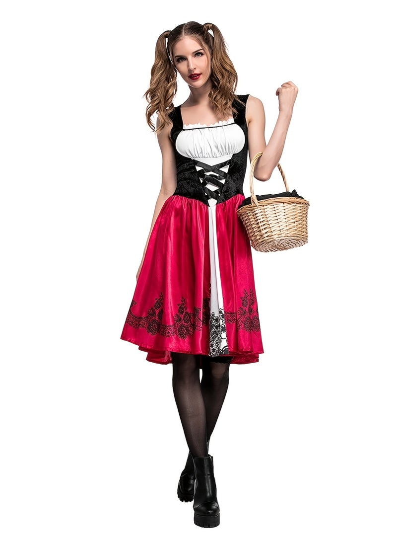 Classic Little Red Riding Hood Costume for Women - 4-Piece Fairy Tale Cosplay Set with Hooded Cape, White Top, Black Lace-Up Corset & Red Skirt, Halloween Party Role Play Outfit - Image 4