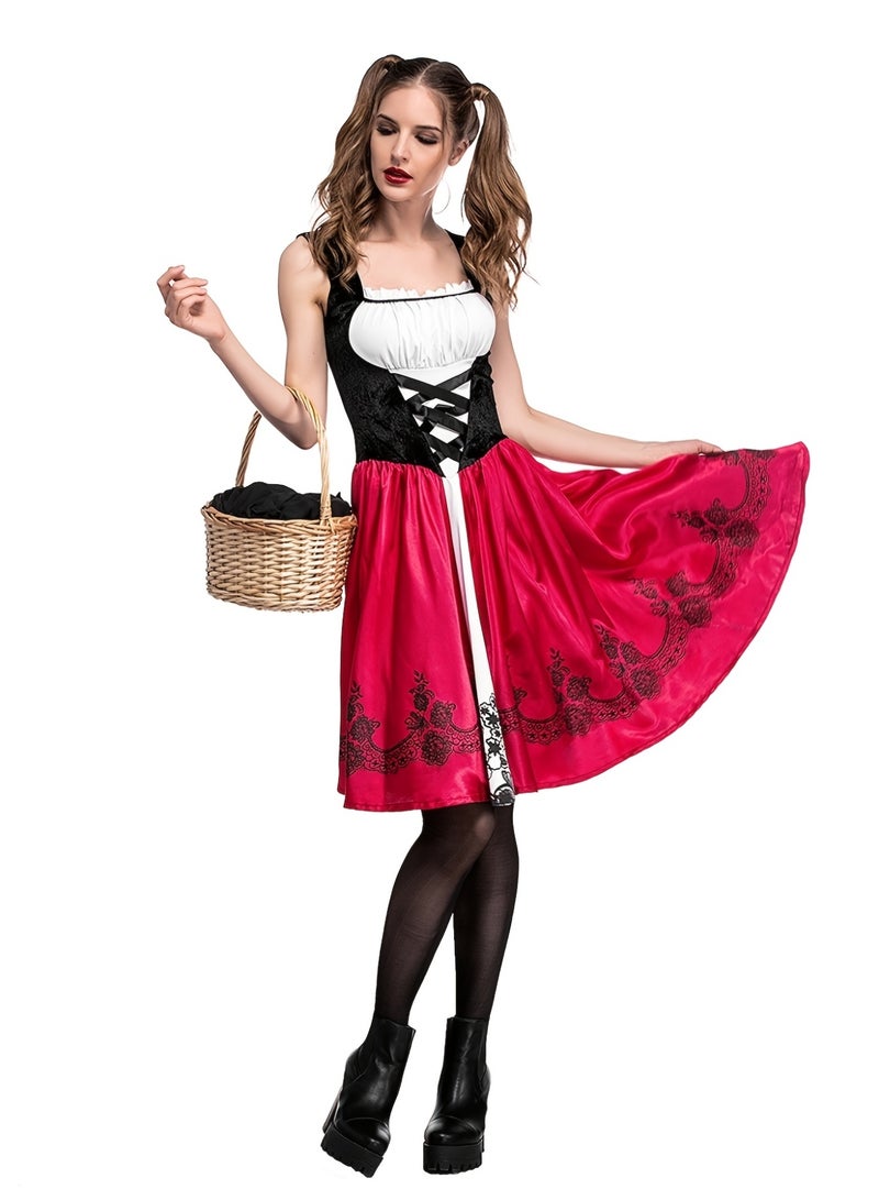Classic Little Red Riding Hood Costume for Women - 4-Piece Fairy Tale Cosplay Set with Hooded Cape, White Top, Black Lace-Up Corset & Red Skirt, Halloween Party Role Play Outfit - Image 5