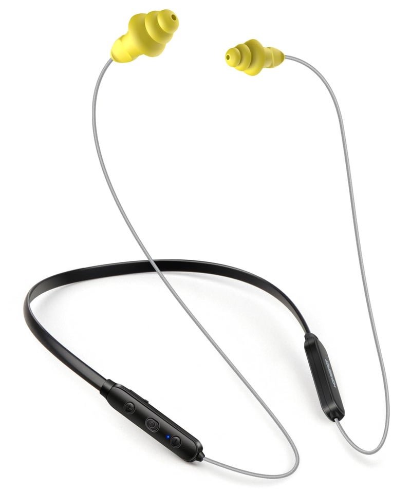 HomeSpot Noise Reduction Wireless Neckband Headphones with Qualcomm aptX HD 27dB NRR CVC Noise Cancelling Mic Controls 20H Playtime for Work Safety OSHA Compliant Gray Wire Yellow Earbuds - Image 2