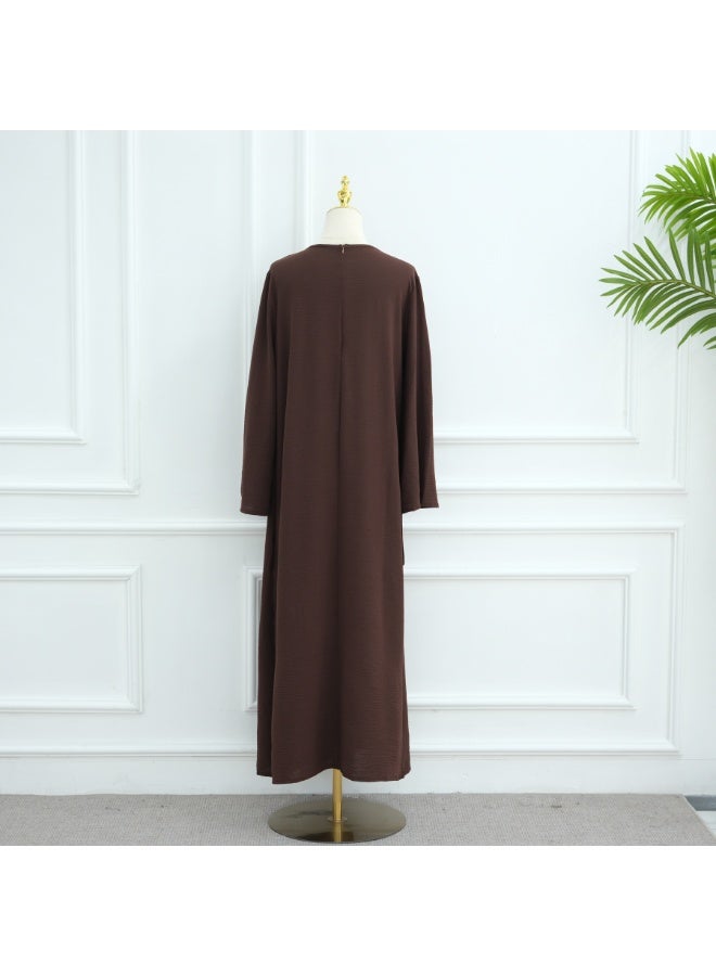 Women Solid Round Neck Wrap Abaya Dress Flared Sleeve Rhinestone Buckle Loose Maxi Dress - Image 3