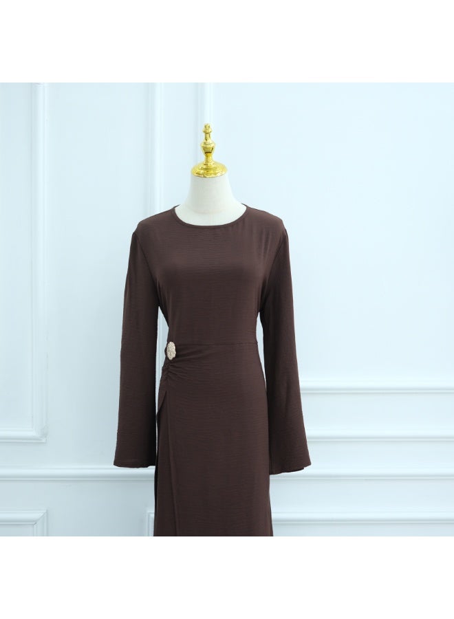 Women Solid Round Neck Wrap Abaya Dress Flared Sleeve Rhinestone Buckle Loose Maxi Dress - Image 2