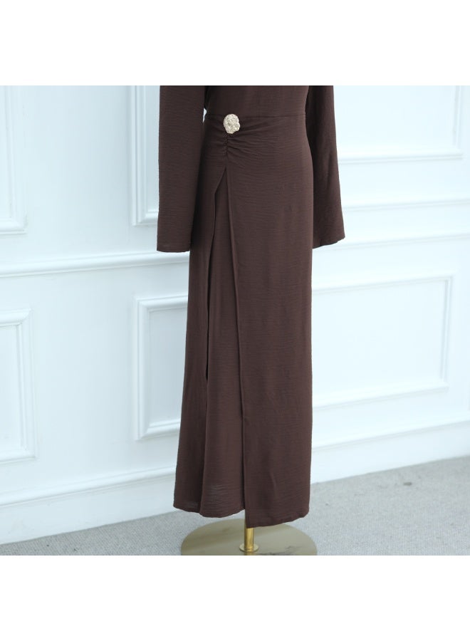 Women Solid Round Neck Wrap Abaya Dress Flared Sleeve Rhinestone Buckle Loose Maxi Dress - Image 5