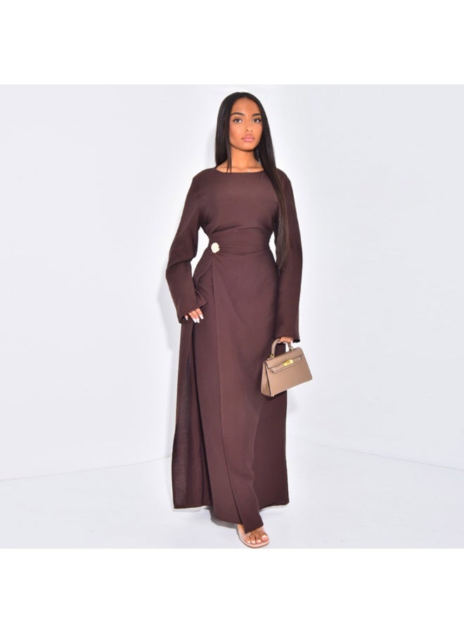 Women Solid Round Neck Wrap Abaya Dress Flared Sleeve Rhinestone Buckle Loose Maxi Dress - Image 1