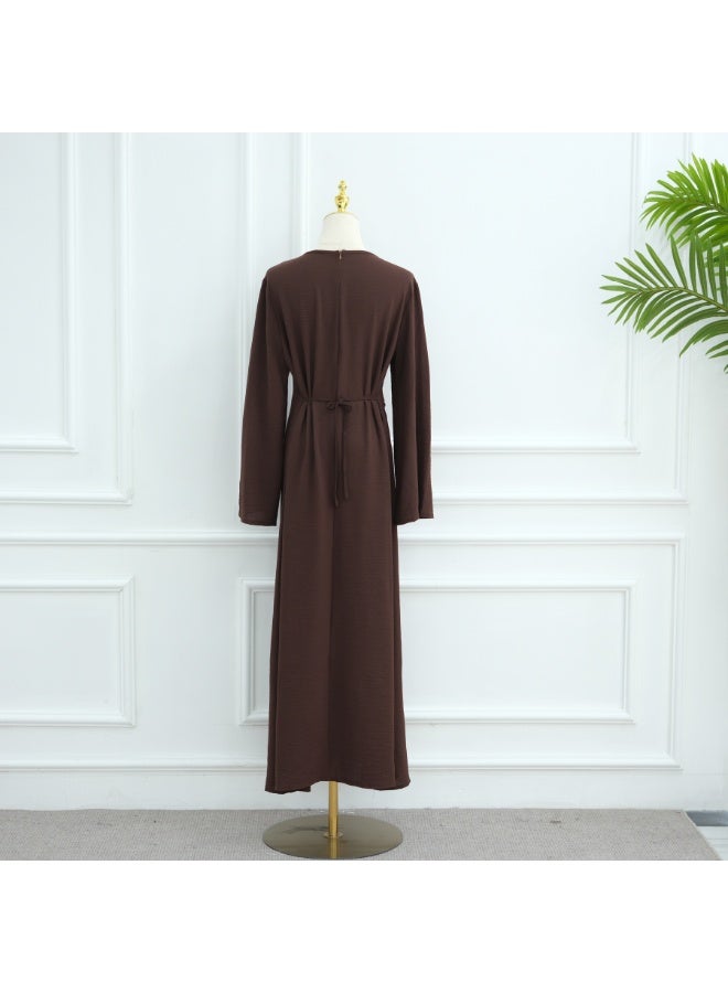 Women Solid Round Neck Wrap Abaya Dress Flared Sleeve Rhinestone Buckle Loose Maxi Dress - Image 4