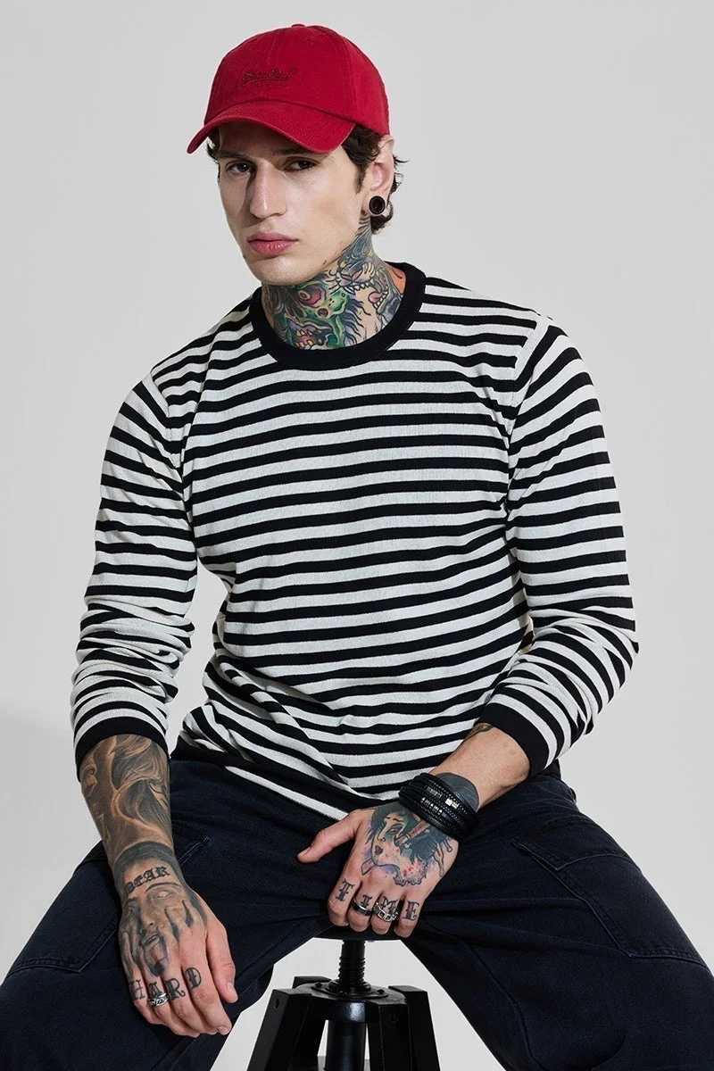 SNITCH Black Stripes Slim Fit T-Shirt