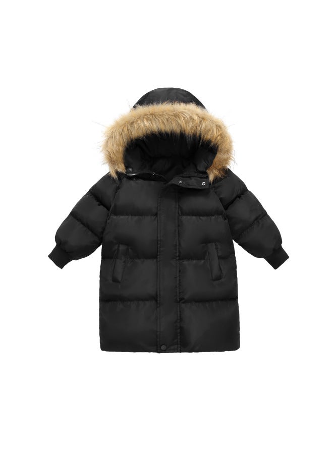 Cotton-padded Jacket For Men And Women, Mid-length, Thickened Winter Fur Collar Hooded Coat, Autumn And Winter New Children's Clothing