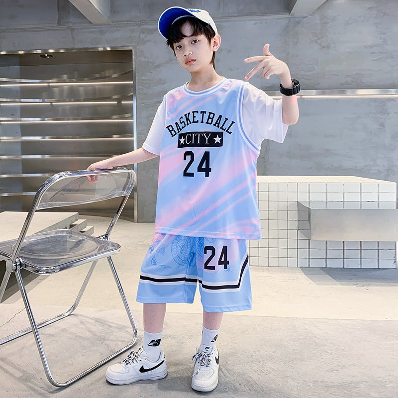 Boys' Basketball Suit Suit 2025 Summer Thin Middle And Large Children'S Sports Summer Clothes Children'S New Short-Sleeved Quick-Drying Clothes - Image 1
