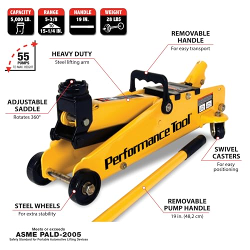 Performance Tool W1640 2-1/2 Ton Garage Jack, (5,000 lbs.) 5-15.5-Inch Lift, Swivel Casters, For Cars/Trucks - Image 2