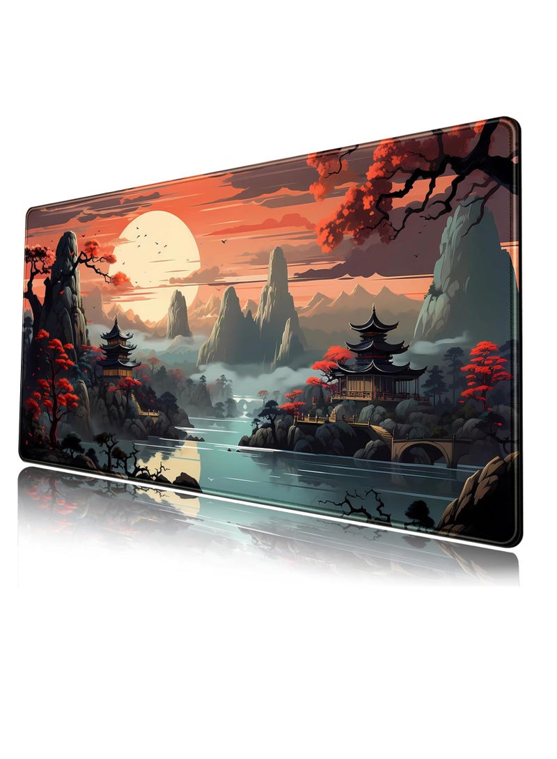 حصيرة مكتب غروب الشمس اليابانية، لوحة ماوس كبيرة، لوحة مكتب كبيرة، لوحة ماوس ألعاب ممتدة يابانية، لوحة مفاتيح كمبيوتر محمول كبيرة، حصيرة ماوس 70 سم × 30 سم، ديكور مكتب مطاطي غير قابل للانزلاق - Image 1