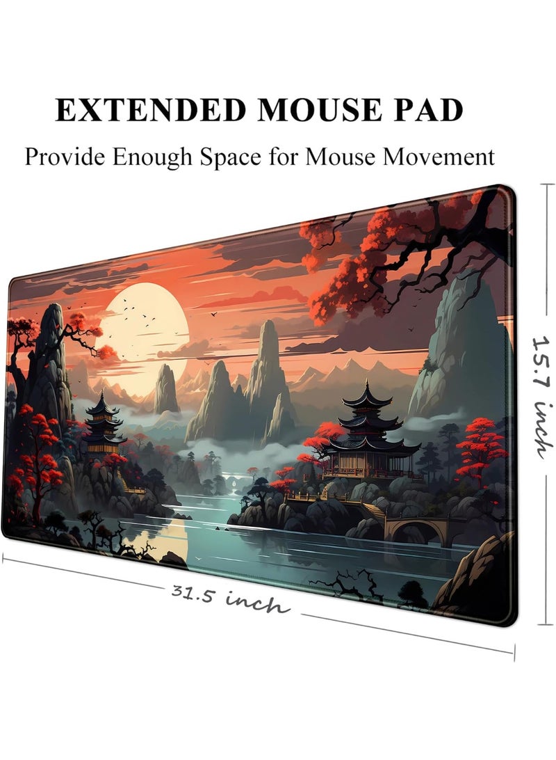 حصيرة مكتب غروب الشمس اليابانية، لوحة ماوس كبيرة، لوحة مكتب كبيرة، لوحة ماوس ألعاب ممتدة يابانية، لوحة مفاتيح كمبيوتر محمول كبيرة، حصيرة ماوس 70 سم × 30 سم، ديكور مكتب مطاطي غير قابل للانزلاق - Image 2