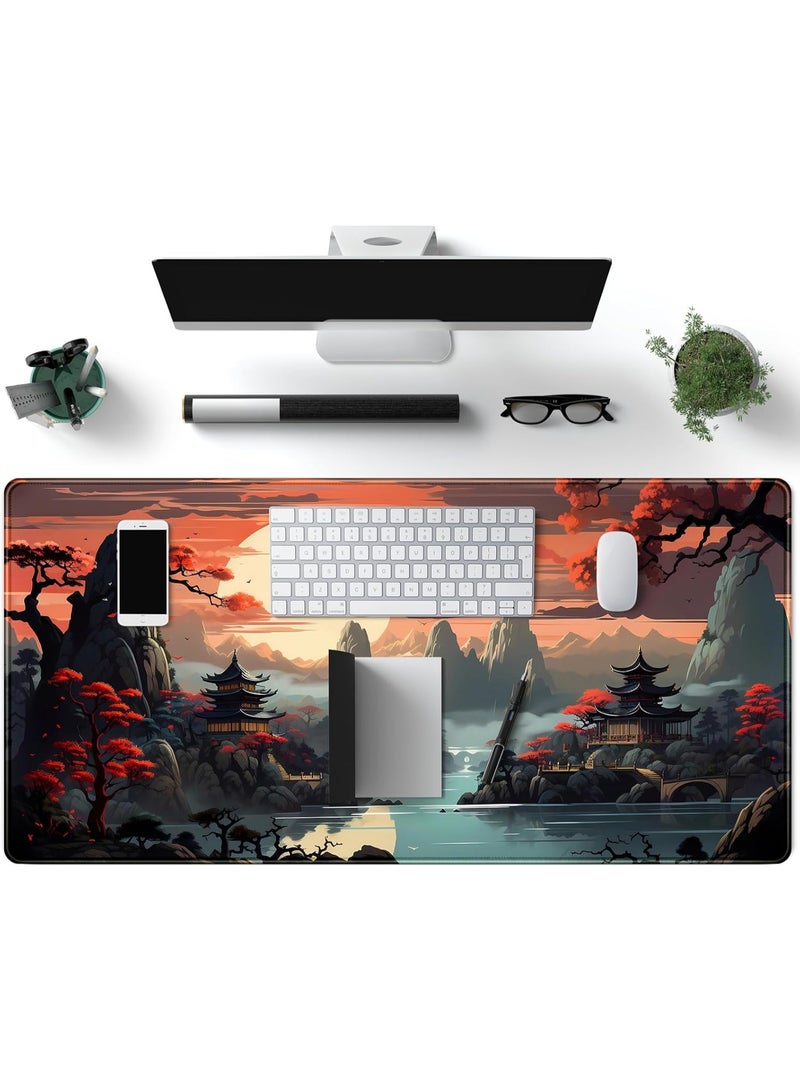 حصيرة مكتب غروب الشمس اليابانية، لوحة ماوس كبيرة، لوحة مكتب كبيرة، لوحة ماوس ألعاب ممتدة يابانية، لوحة مفاتيح كمبيوتر محمول كبيرة، حصيرة ماوس 70 سم × 30 سم، ديكور مكتب مطاطي غير قابل للانزلاق - Image 4