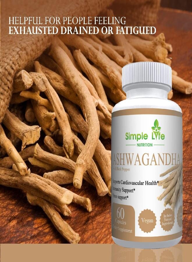 Generic Simple Life Nutrition Organic Ashwagandha - Max Strength 1300MG Vegan Capsules - 100% Pure Non GMO Root Powder with Natural Black Pepper 60CT  - Image 3