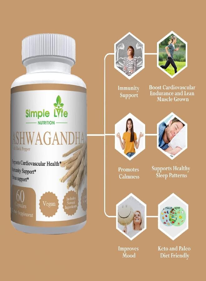 Generic Simple Life Nutrition Organic Ashwagandha - Max Strength 1300MG Vegan Capsules - 100% Pure Non GMO Root Powder with Natural Black Pepper 60CT  - Image 2