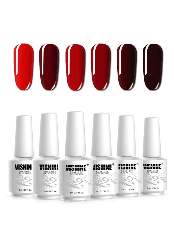 Vishine مجموعة طلاء الأظافر الجل بألوان حمراء - عبوة من 6 ألوان بلمسة لامعة وطويلة الأمد، طلاء جل قابل للنقع UV LED 8 مل/قطعة مجموعة هدايا - Image 1