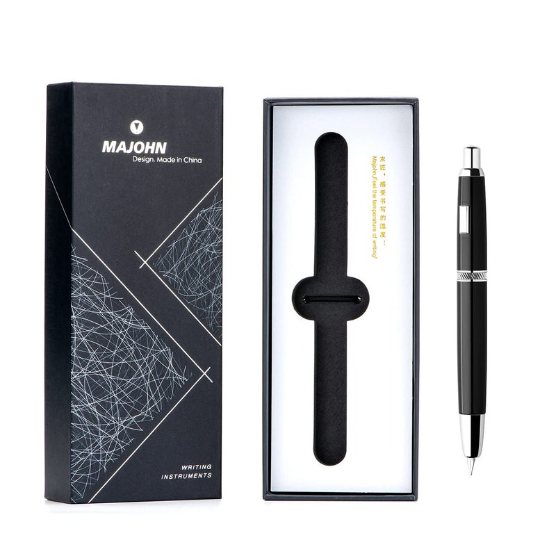 erofa Majohn A1 Press Fountain Pen with Box, Retractable Extra Fine Nib Metal Vivid Black Ink Pen with Converter for Writing (No Clip Version) - Image 2