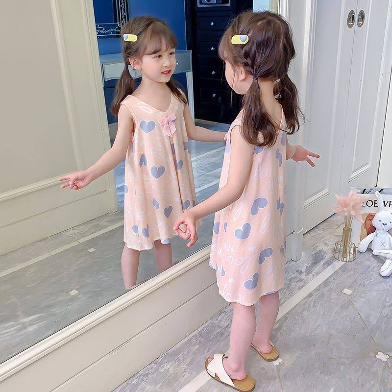 Summer Girls Cotton Sleeveless Nightgown Princess Heart Print - Image 3