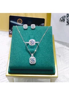 Fashionable Square Micro-Paved Zircon Pendant Womens Necklace Earrings Rings Three-Piece Set Versatile Alloy Jewelry Set silver square drill three-piece set