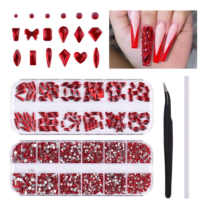 EBANKU 3120pcs Red Nail Gems Kit: Multi Shapes Crystal Flatback Rhinestones Gems Red Round Beads K9 Glass Stones Diamonds Jewels with Tweezers and Wax Pen for Christmas Nails Faces Eyes Makeup Crafts - Image 1