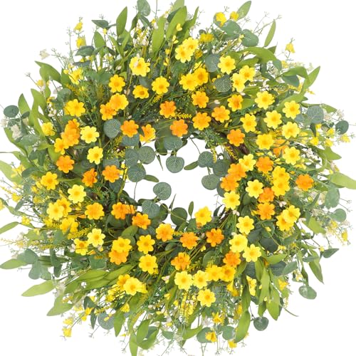 lOKEISNA Summer Wreaths for Front Door, 24" Yellow Daisy Wreaths for Front Door Window Wall Wedding Farmhouse Festival Decor, Handmade Artificial Spring Summer Wreath for Home Decoration - Image 1