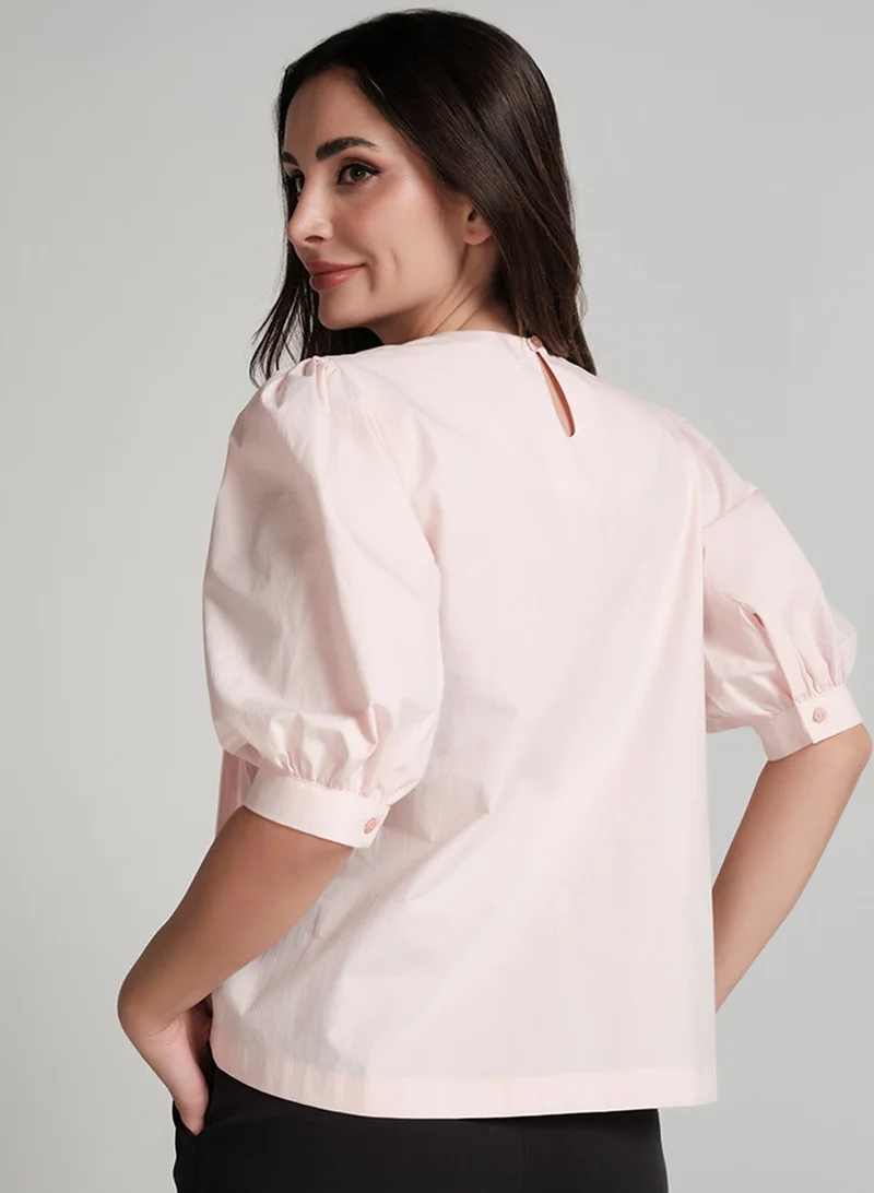 Zigzag Pleated Short Sleeve Cotton Pink Top