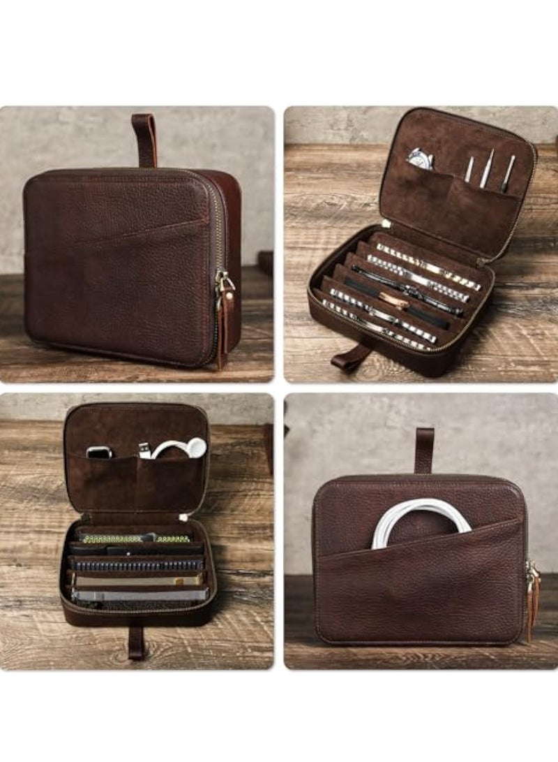 SOLARAE Watch Box, Top Grain Genuine Leather Watch & Band Organizer Box, Solid Vintage Design, Handmade, Large Capacity with 6 Band Slots & 2 Watch Pockets for Traveling, Premium Watch Display Case, 8 Slots - Image 3