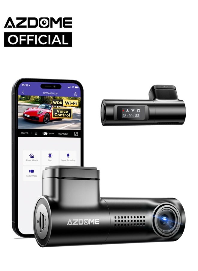 أزدوم كاميرا داش كام AZDOME M330 WiFi، كاميرا أمامية FHD 1080P للسيارات، شاشة 0.96 بوصة مع تحكم صوتي، كاميرا سيارة مزودة بتقنية WDR للرؤية الليلية، وضع وقوف السيارات على مدار 24 ساعة، مستشعر G وتسجيل دائري، تدعم بطاقة ذاكرة تصل إلى 128GB.  - Image 1