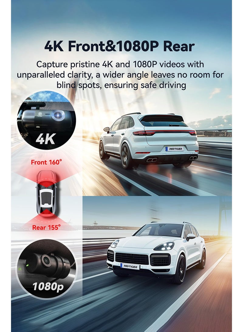 ريد تايجر كاميرا F9 كاميرا سيارة  4K 1080P، كاميرا أمامية وخلفية مزدوجة للسيارة، واي فاي مدمج، نظام تحديد المواقع العالمي (GPS)، رؤية ليلية، وضع ركن السيارة، مستشعر G، تسجيل حلقي، بطاقة SD متضمنة 32 جيجابايت، دعم 256 جيجابايت - Image 2