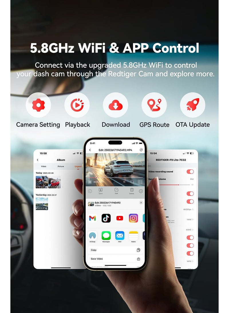 ريد تايجر كاميرا F9 كاميرا سيارة  4K 1080P، كاميرا أمامية وخلفية مزدوجة للسيارة، واي فاي مدمج، نظام تحديد المواقع العالمي (GPS)، رؤية ليلية، وضع ركن السيارة، مستشعر G، تسجيل حلقي، بطاقة SD متضمنة 32 جيجابايت، دعم 256 جيجابايت - Image 3