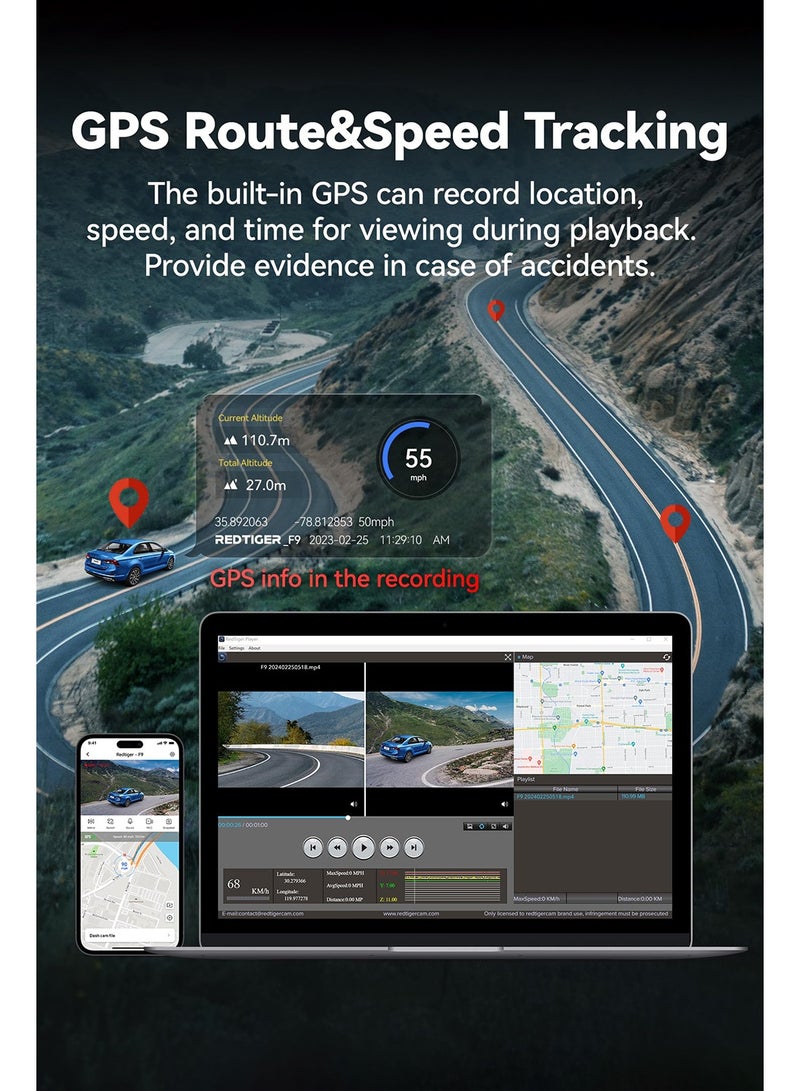 ريد تايجر كاميرا F9 كاميرا سيارة  4K 1080P، كاميرا أمامية وخلفية مزدوجة للسيارة، واي فاي مدمج، نظام تحديد المواقع العالمي (GPS)، رؤية ليلية، وضع ركن السيارة، مستشعر G، تسجيل حلقي، بطاقة SD متضمنة 32 جيجابايت، دعم 256 جيجابايت - Image 4