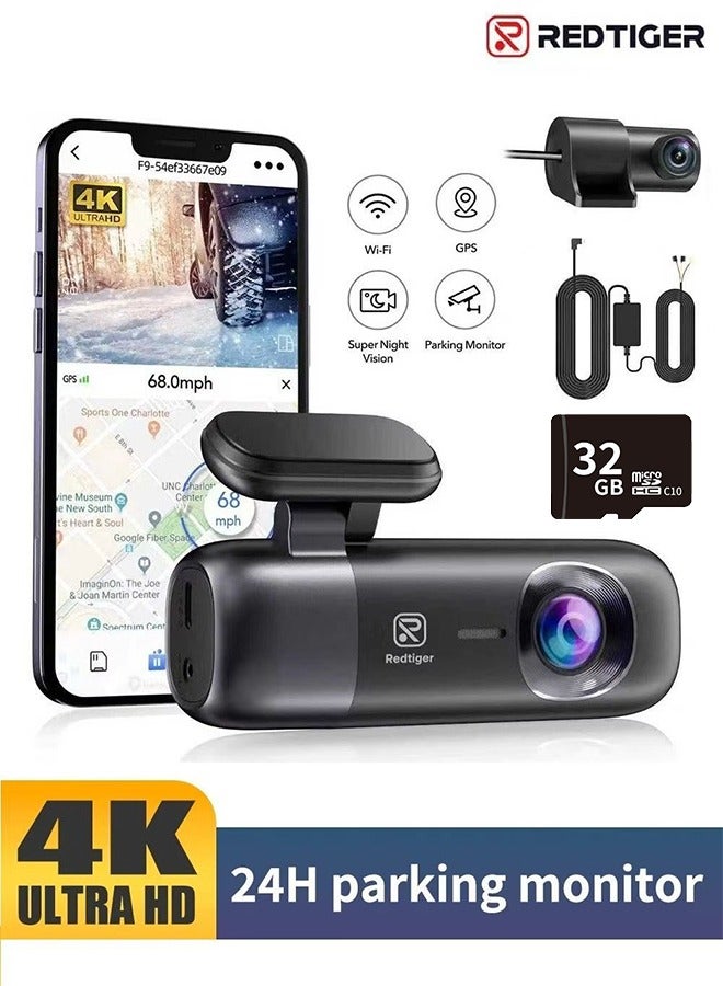 ريد تايجر كاميرا F9 كاميرا سيارة  4K 1080P، كاميرا أمامية وخلفية مزدوجة للسيارة، واي فاي مدمج، نظام تحديد المواقع العالمي (GPS)، رؤية ليلية، وضع ركن السيارة، مستشعر G، تسجيل حلقي، بطاقة SD متضمنة 32 جيجابايت، دعم 256 جيجابايت - Image 1