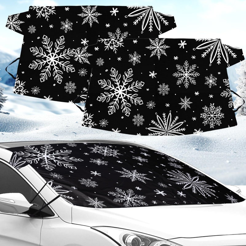 BBTO 2 Pcs Windshield Cover for Ice and Snow 210T Silver Coated Waterproof Frost Cover 69 x 42 Inches All Seasons Windshield Protector with Elastic Straps Snowflake Winter Car Accessories for Cars - Image 1