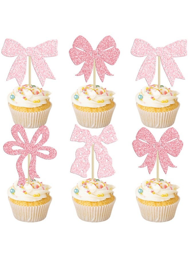 Ephlyn 24Pcs Pink Bow Cupcake Toppers Bow Birthday Cake Topper Girls Birthday Party Decorations Bowknot Cupcake Decorations for Bridal Baby Shower Birthday Wedding Themed Party Multi - Image 1