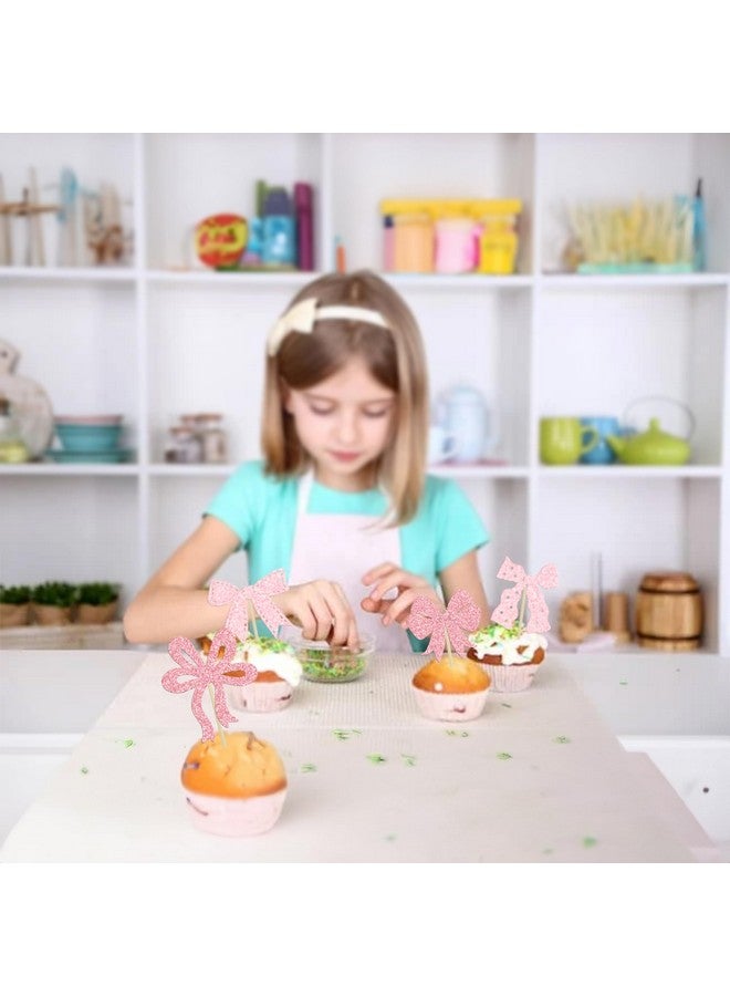 Ephlyn 24Pcs Pink Bow Cupcake Toppers Bow Birthday Cake Topper Girls Birthday Party Decorations Bowknot Cupcake Decorations for Bridal Baby Shower Birthday Wedding Themed Party Multi - Image 4