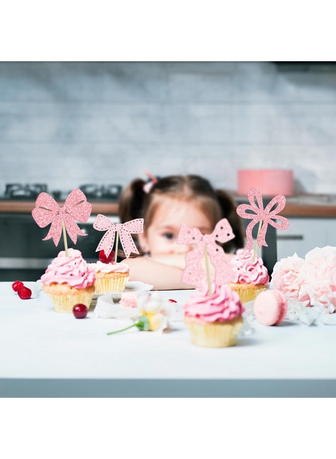 Ephlyn 24Pcs Pink Bow Cupcake Toppers Bow Birthday Cake Topper Girls Birthday Party Decorations Bowknot Cupcake Decorations for Bridal Baby Shower Birthday Wedding Themed Party Multi - Image 5