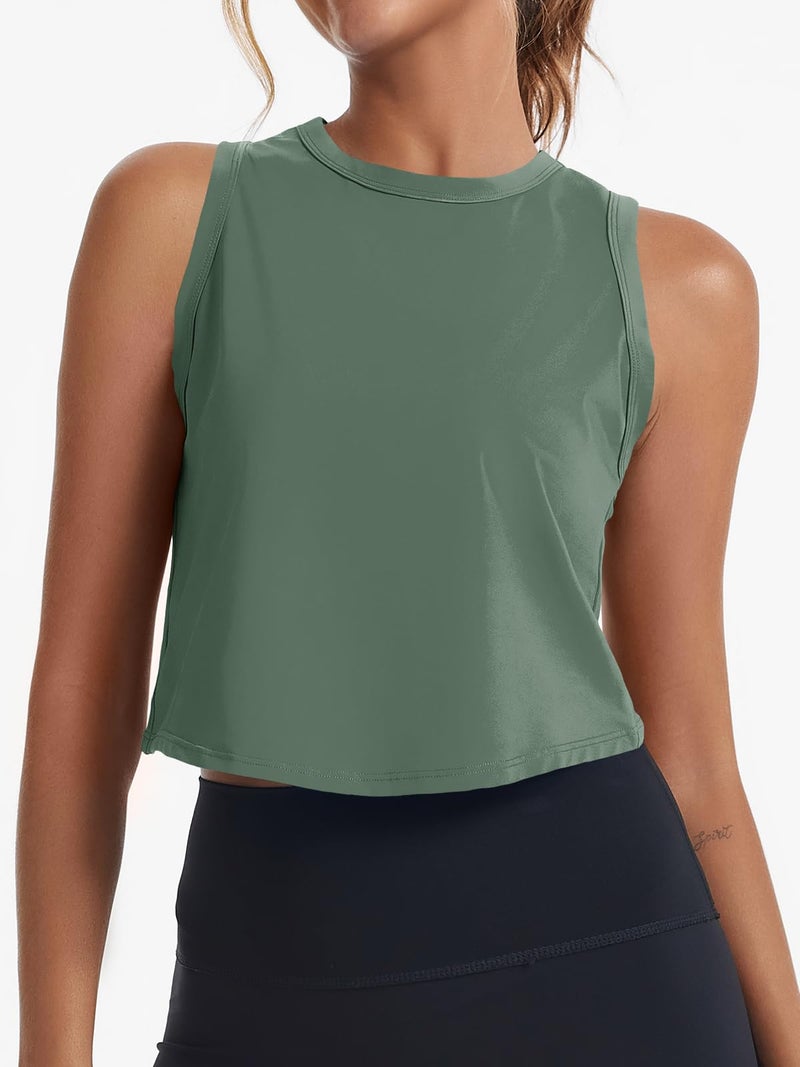 Fisoew Women's Workout Cropped Tank Top Racerback Back Slit Sleeveless Crewneck Running Yoga Active Shirt Army Green - Image 4