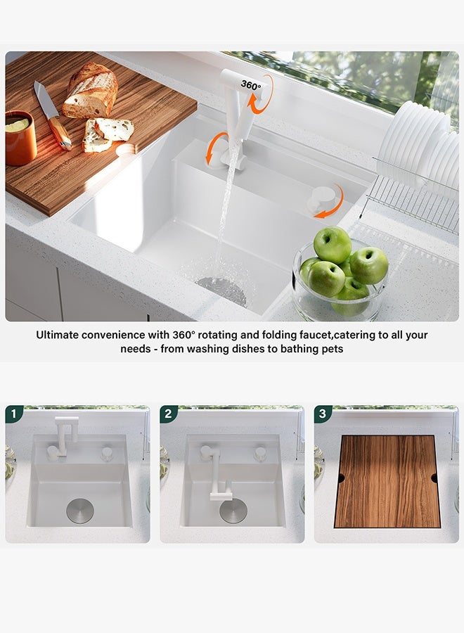 كورفوس حوض مطبخ متنقل (40.6 × 53.3 × 22.9 سم) - حوض سفلي من الستانلس ستيل 16 مقياس مع حوض مفرد ولوح تقطيع قابل للطي وصنبور - باللون الأبيض - Image 5