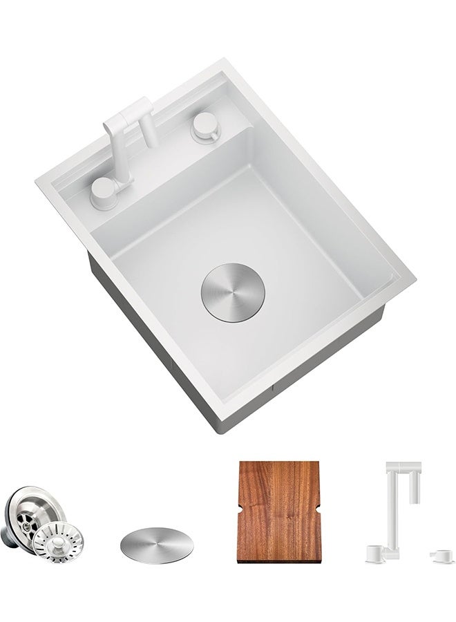 كورفوس حوض مطبخ متنقل (40.6 × 53.3 × 22.9 سم) - حوض سفلي من الستانلس ستيل 16 مقياس مع حوض مفرد ولوح تقطيع قابل للطي وصنبور - باللون الأبيض - Image 1