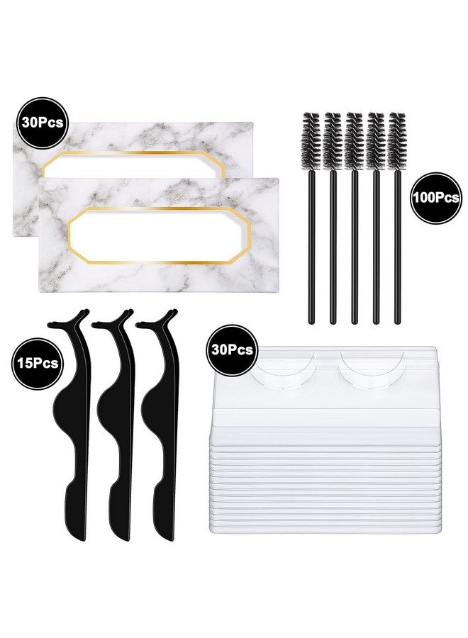 MAGEFY 175 Pieces Lash Packaging Wholesale, Include 30 Empty Eyelashes Packaging Box, 30 False Lash Trays, 15 Eyelash Tweezers and 100 Eyelash Brush Mascara Wands Disposable (Marble) - Image 2